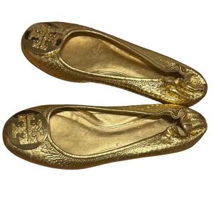 Tory Burch Reva Gold Metallic Fish Scales Ballet Flats Soft Leather Medallion 9M